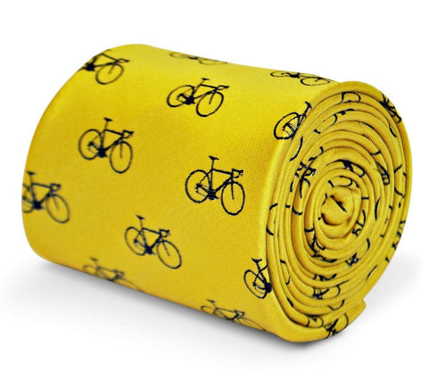 yellow tie with navy bicycle design
